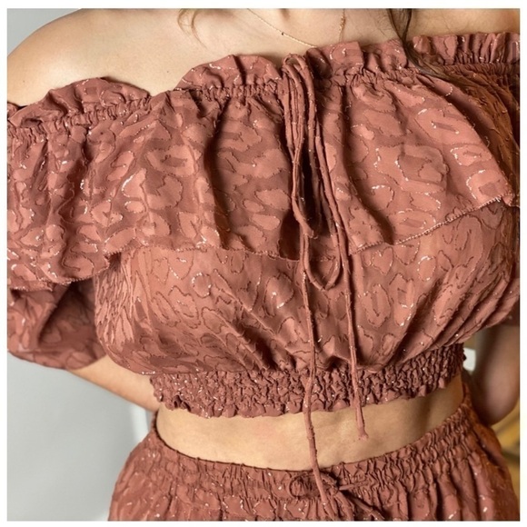 H&M Rust Cheetah Wide Leg Pants & Off Shoulder Bardot Crop Top Set Sz 12 - Picture 6 of 15